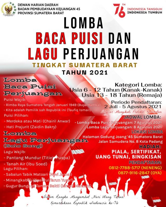 Flayer Lomba Baca Puisi dan Lagu Perjuangan yang digelar oleh DHD BPK 45 Sumbar. (Dok. Istimewa)